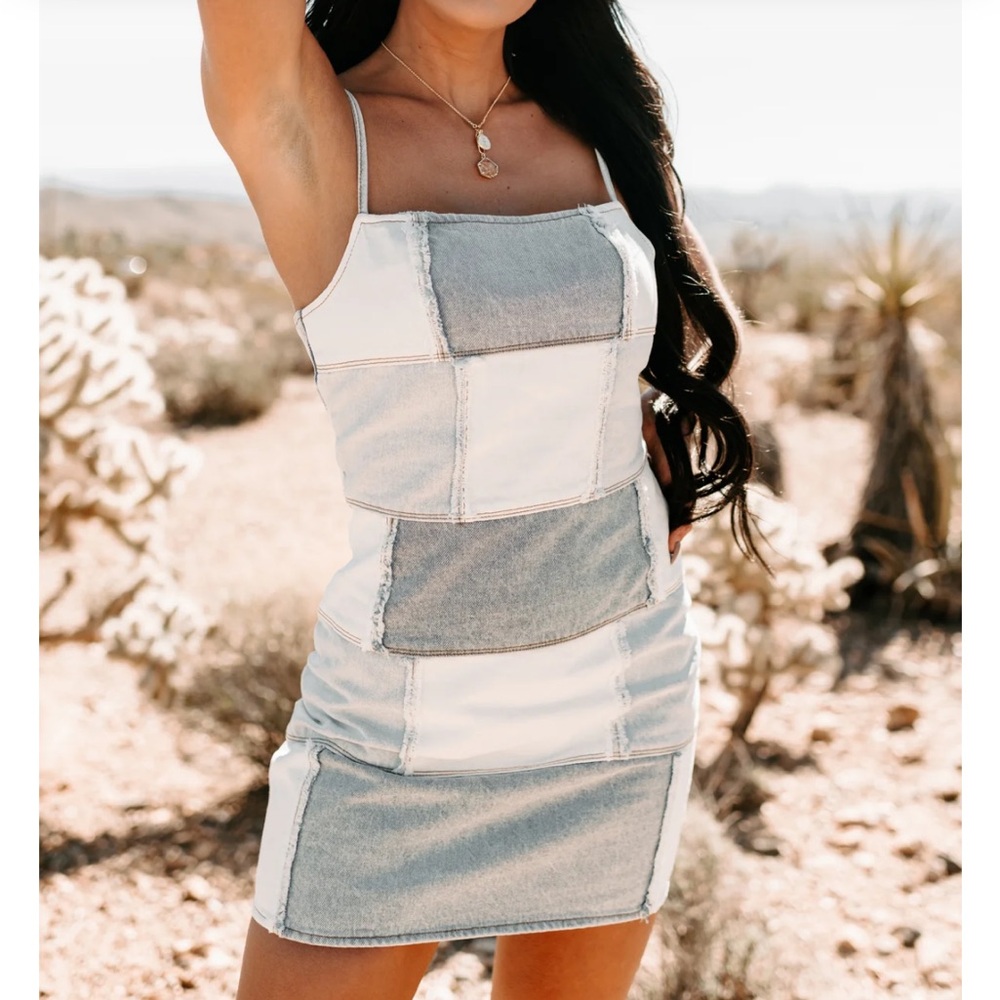 Light Blue Denim Patchwork Mini Dress - image 1